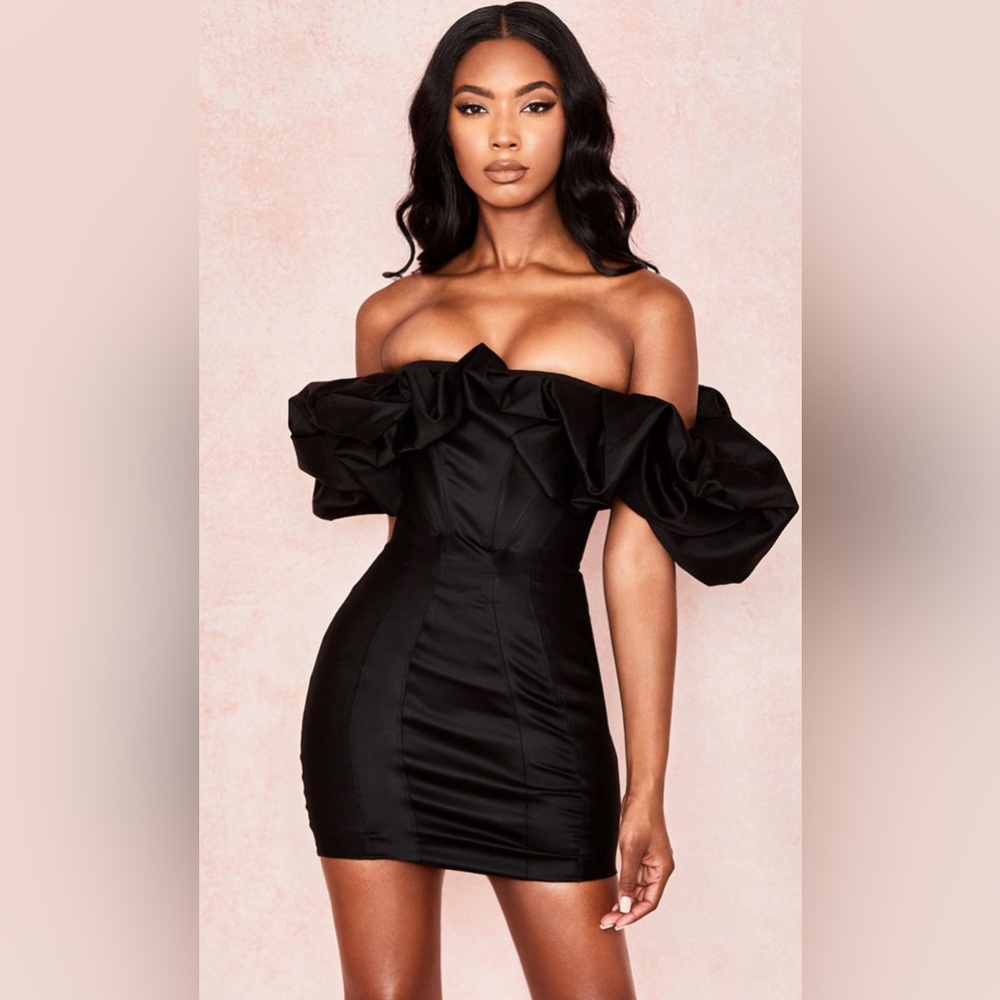 House Of Cb SELENA Black Satin Ruffle Strapless Dress